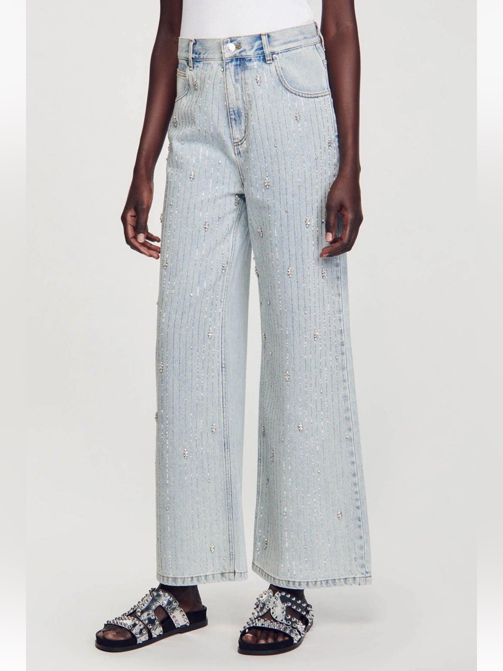 Womens Sandro Indie Rhinestone Wide Leg Jeans in Light Blue Embellished size 40